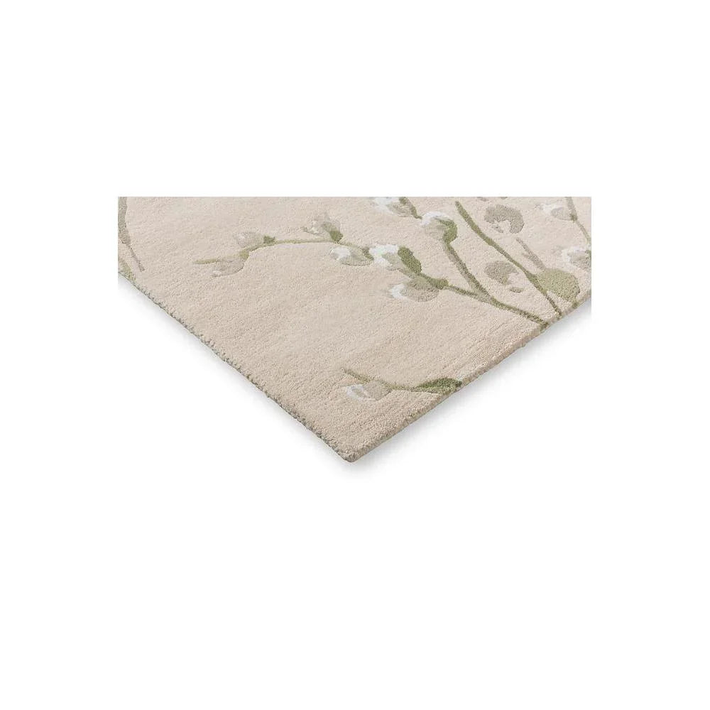 Laura Ashley Pussy Willow Hedgerow Green Designer Rug featuring floral stems in beige, sage green and ivory on cream background, machine-woven polyester