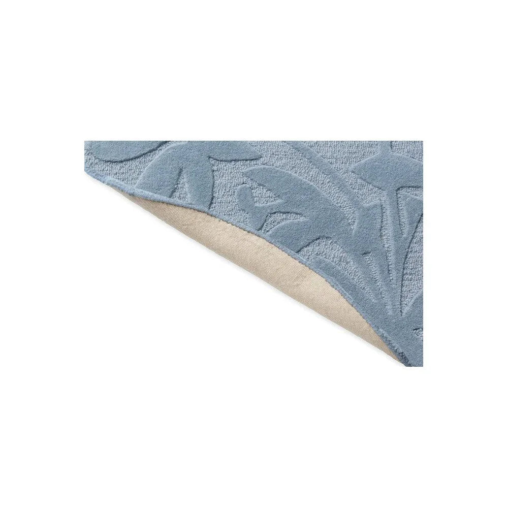 Laura Ashley Cleavers Seaspray round rug with embossed leaf pattern in light sea-spray blue on pale beige backing, machine-made