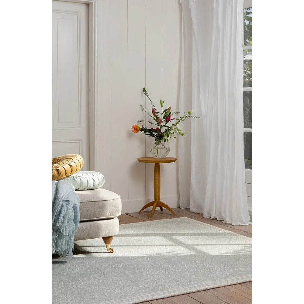 Laura Ashley Silchester Pale Sage Designer Rug featuring subtle damask pattern in sage, ivory and pale grey on cream background, hand-tufted wool