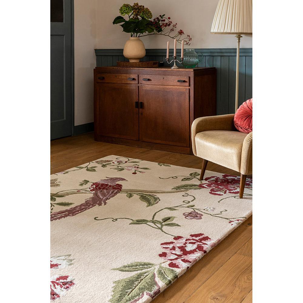 Laura Ashley Summer Palace Cranberry-Grape Rug featuring floral pattern in cranberry, grape, sage-green on cream, machine-loomed polyester