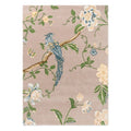 Laura Ashley Summer Palace Truffle Seaspray Rug featuring bird and floral motif in navy blue, cream, sage green on pale pink-beige, hand-tufted wool