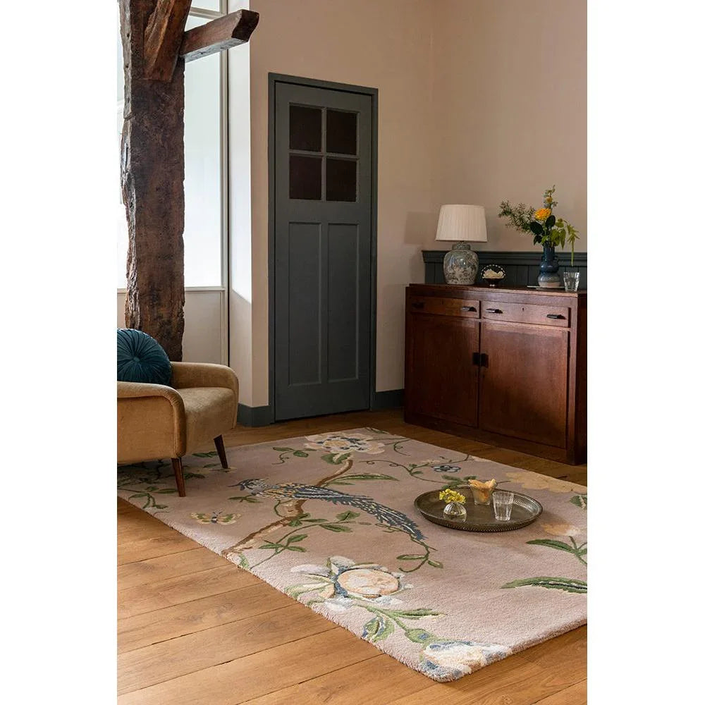 Laura Ashley Summer Palace Truffle - Seaspray Designer Rug featuring botanical floral pattern in seaspray blue-green, sage and cream on beige background, hand-tufted wool