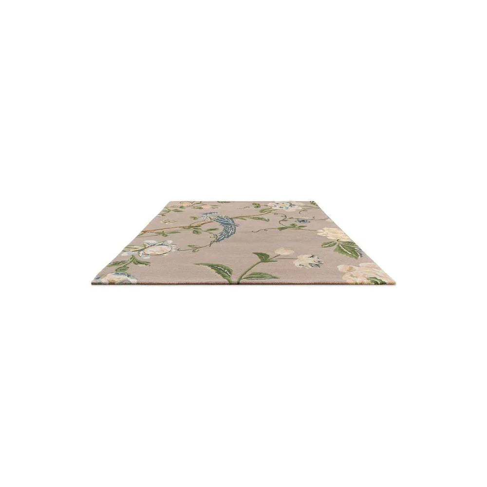 Laura Ashley Summer Palace Truffle Seaspray Designer Rug featuring botanical floral pattern in cream, sage-green, pale pink and navy on taupe background, hand-tufted wool