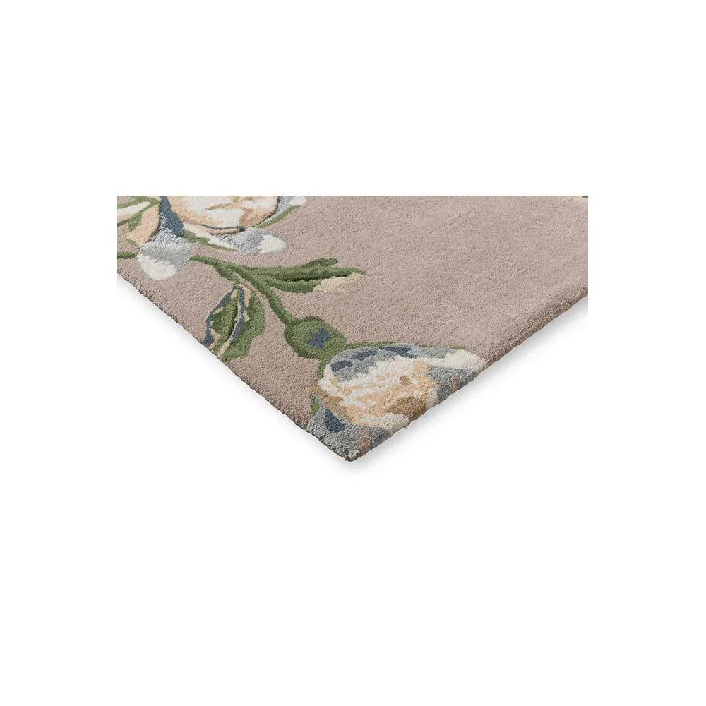 Laura Ashley Summer Palace Truffle Seaspray rug featuring floral botanical pattern in beige, sage green, dusty blue on pale taupe background, hand-tufted wool