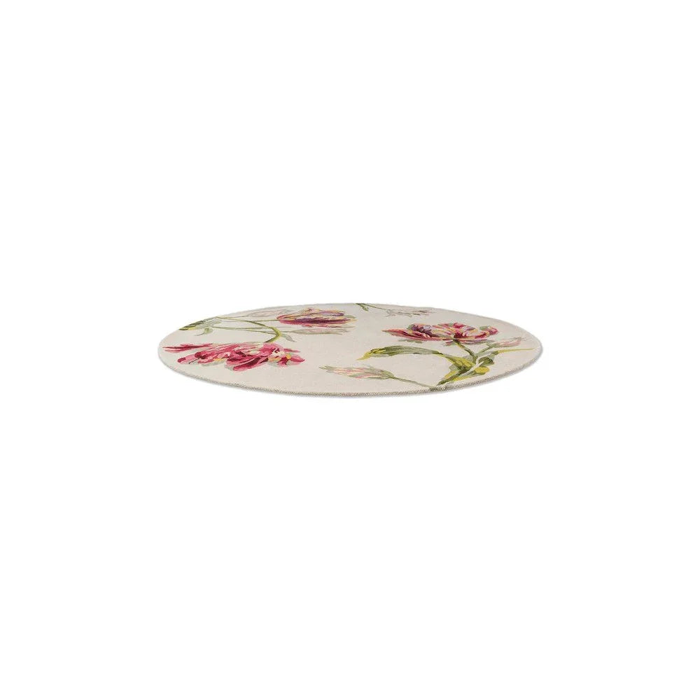 Laura Ashley Gosford Cranberry Round Rug with floral pattern in cranberry, pink and sage green on cream, machine-made polypropylene