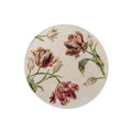 Laura Ashley Gosford Cranberry Round Rug featuring botanical tulip pattern in cranberry, pink, purple and green on beige background