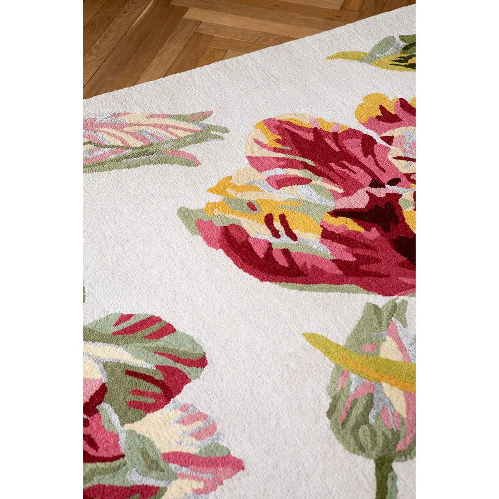 Laura Ashley Gosford Cranberry Designer Rug featuring bold floral pattern in cranberry, pink, sage green on ivory background