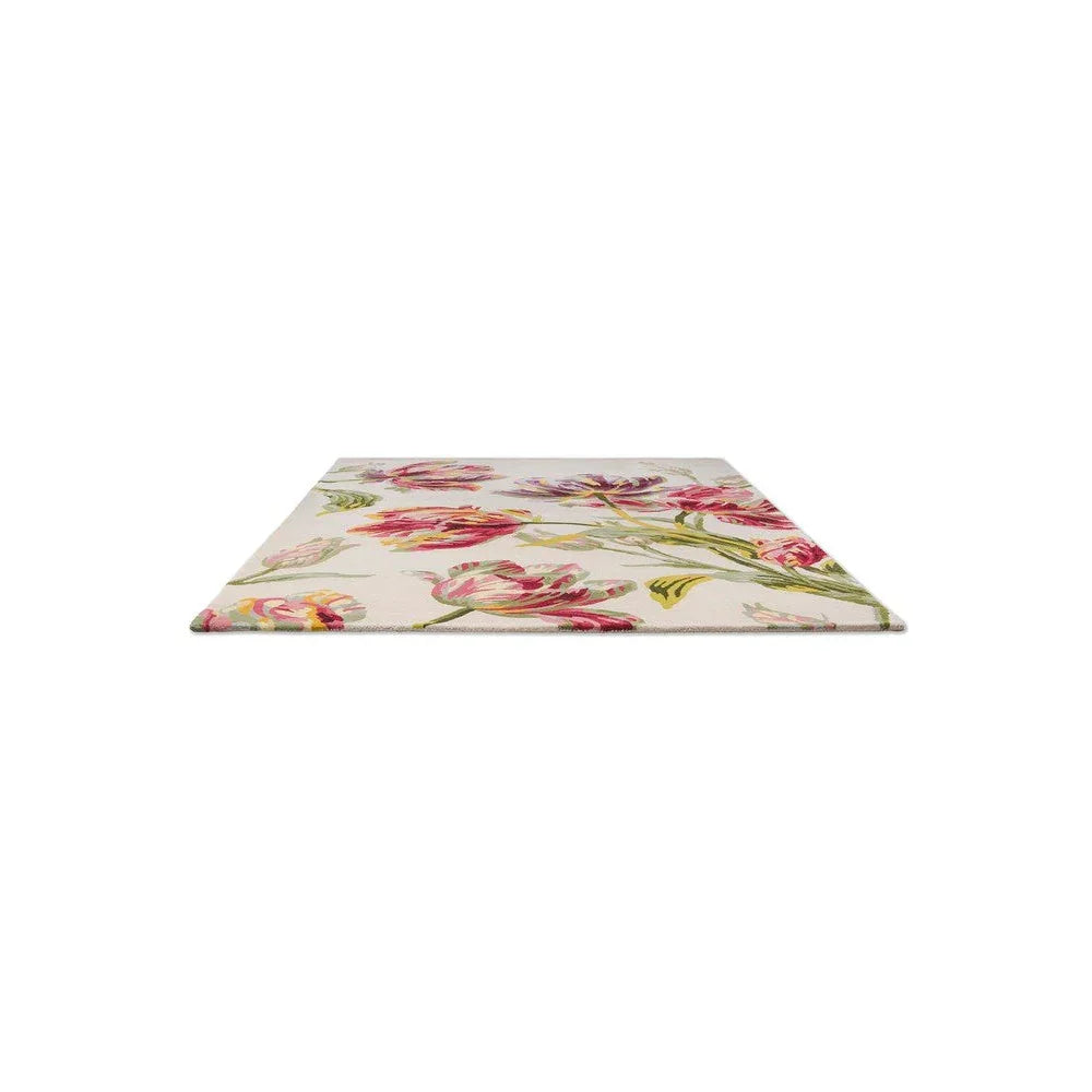 Laura Ashley Gosford Cranberry Designer Rug featuring bold floral pattern in cranberry, pink, purple and green on ivory background, machine-made rug polypropylene