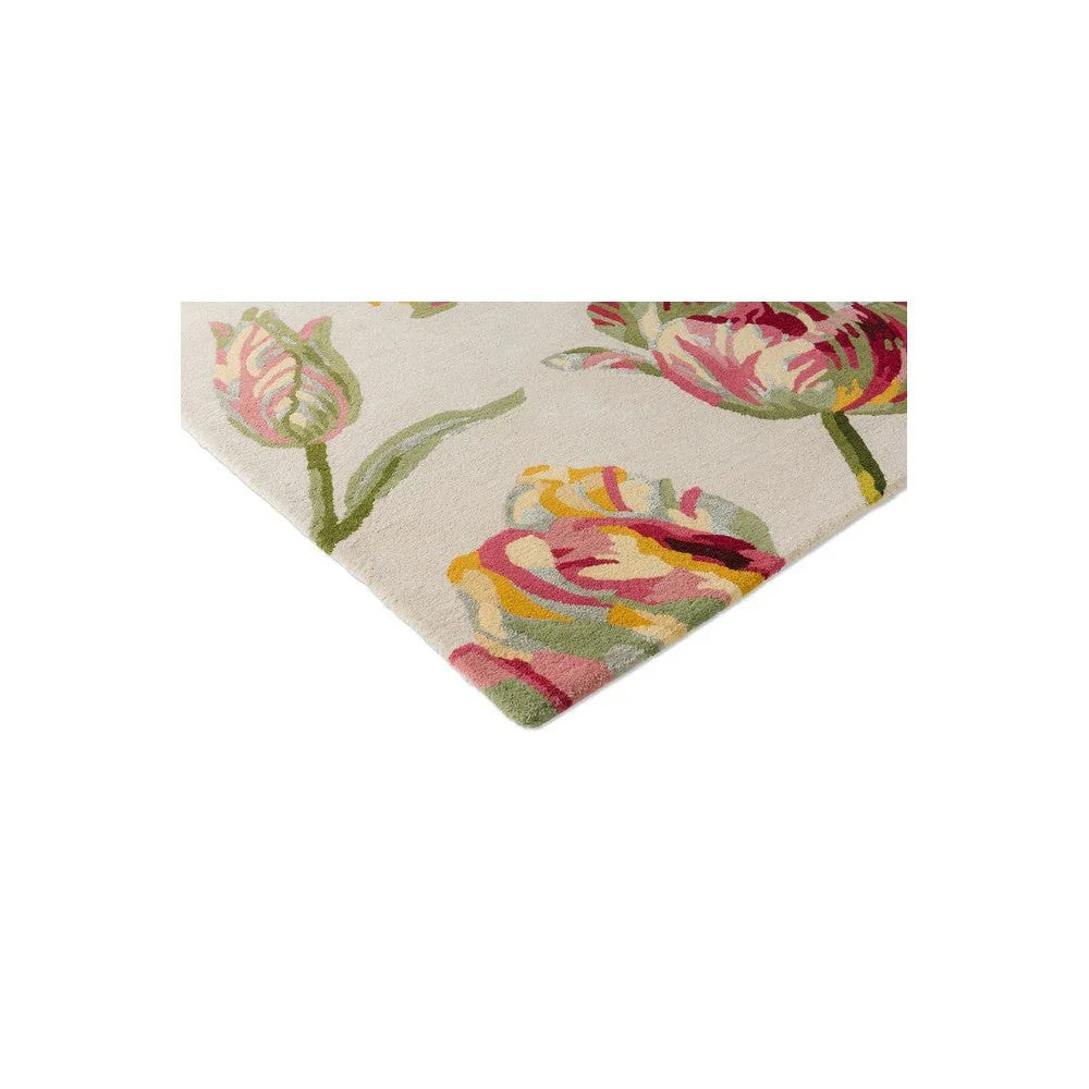 Laura Ashley Gosford Cranberry Rug featuring bold floral pattern in cranberry, pink, green and cream on cream background, hand-tufted wool