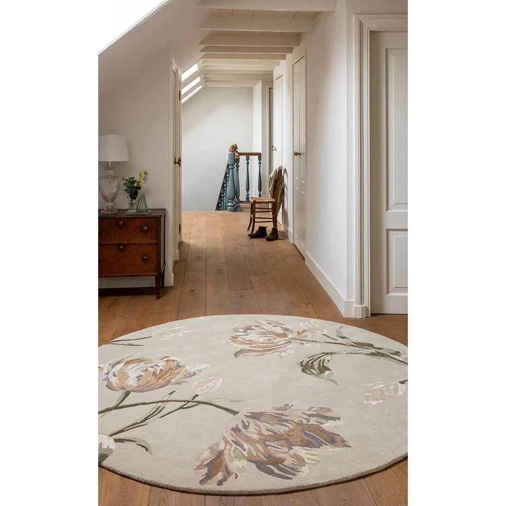 Laura Ashley Gosford Natural Sage Green Designer Rug featuring floral pattern in sage green, blush pink, ivory on beige background, hand-tufted wool