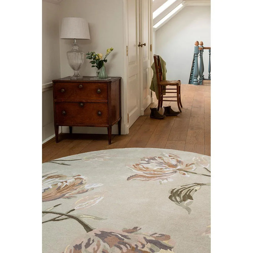 Laura Ashley Gosford Natural round rug featuring botanical floral pattern in blush pink, sage green, cream on ivory, hand-tufted wool