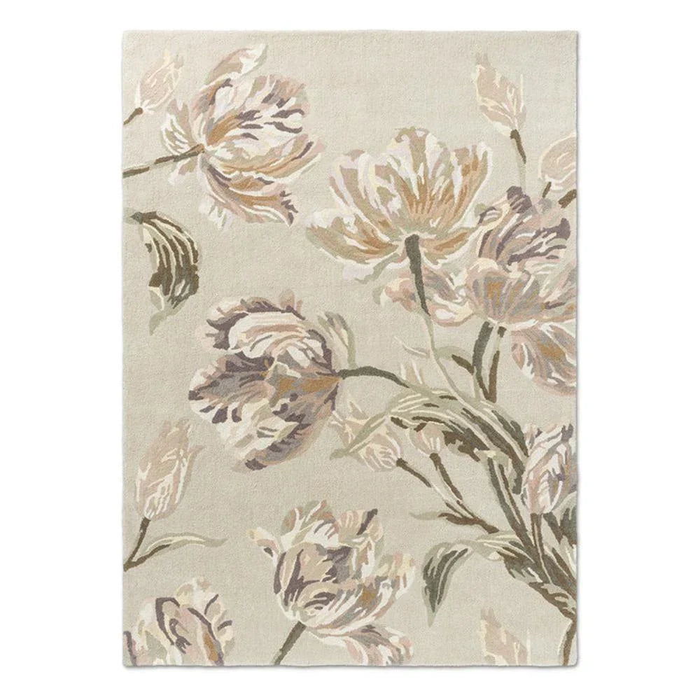 Laura Ashley Gosford Natural rug featuring floral pattern in sage green, blush, taupe on cream background, hand-tufted wool