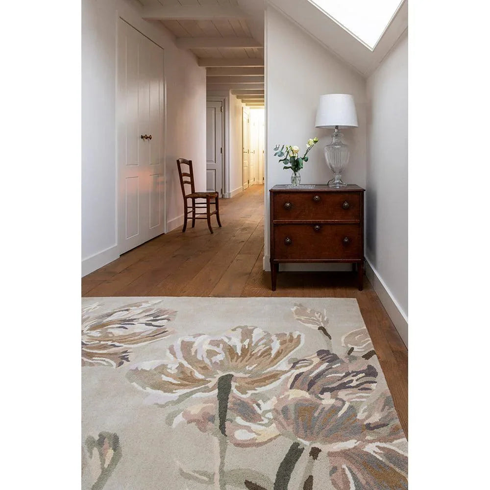 Laura Ashley Gosford Natural Sage Green Rug featuring botanical floral pattern in sage green, ivory, beige on cream background, hand-tufted wool