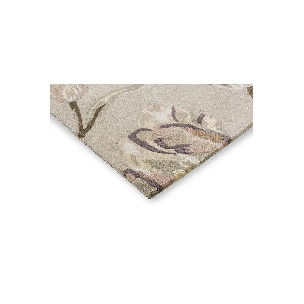 Laura Ashley Gosford Natural Sage Green rug featuring floral motif in sage green, cream and lilac on beige background, power-loomed wool