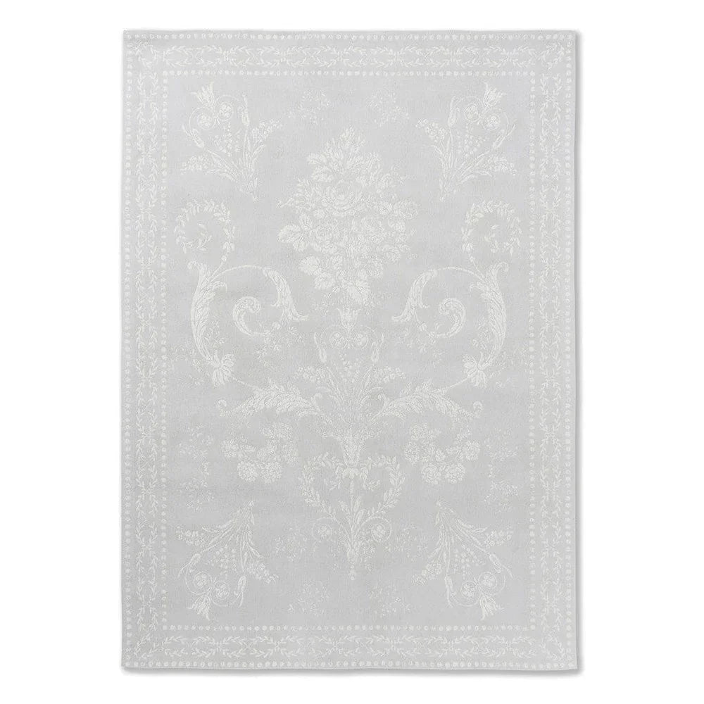 Laura Ashley Josette Dove Grey Designer Rug featuring damask floral pattern in ivory on dove grey background, machine-woven wool