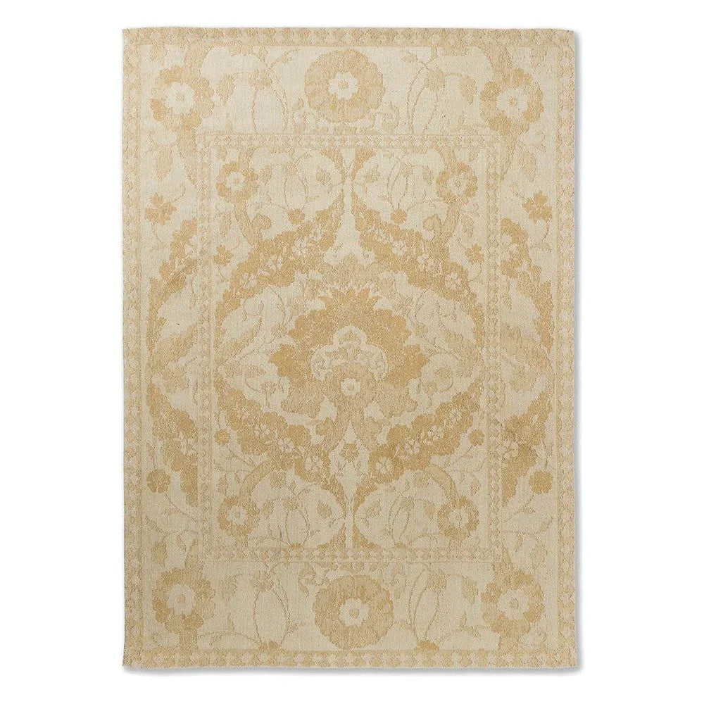 Laura Ashley Newborough Pale Gold Rug featuring damask pattern in pale gold, cream on beige background, machine-made wool blend