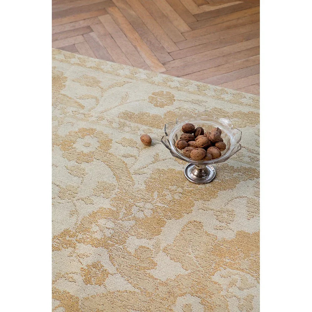 Laura Ashley Newborough Pale Gold Designer Rug featuring damask floral pattern in pale gold, cream and bronze on ivory background, hand-tufted wool