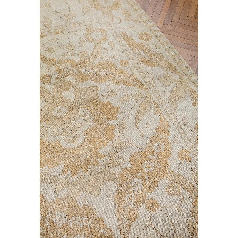 Laura Ashley Newborough Pale Gold Designer Rug featuring floral damask pattern in pale gold and cream on ivory background, hand-tufted wool