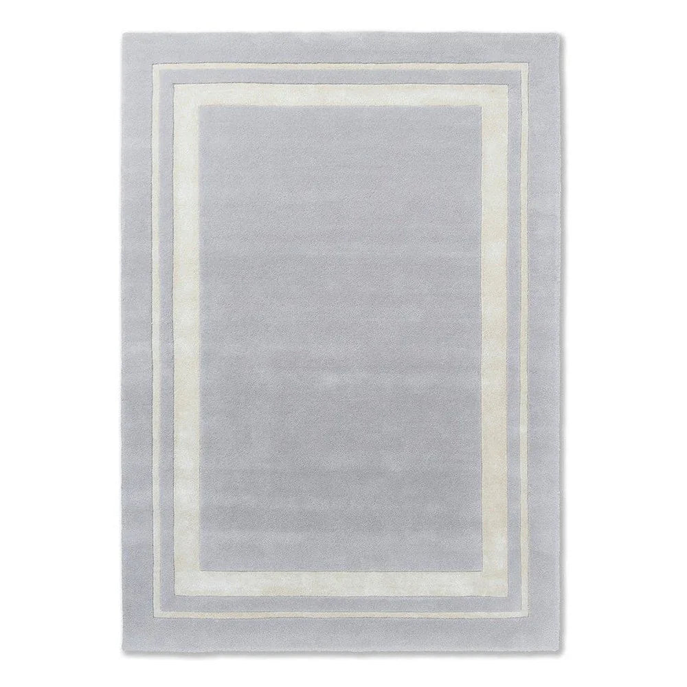 Laura Ashley Redbrook Silver Designer Rug featuring geometric double-border in silver-grey and cream on pale grey background, machine-made polyester