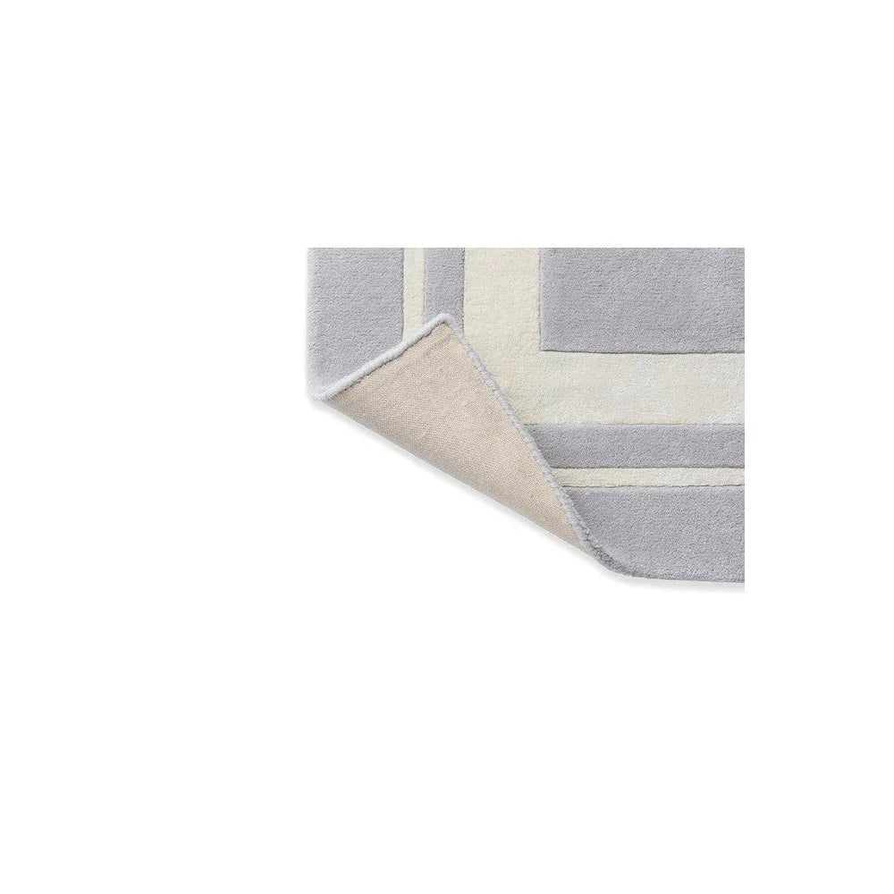 Laura Ashley Redbrook Silver Rug featuring geometric stripe pattern in silver-grey, light grey and ivory on pale beige background, machine-loomed wool