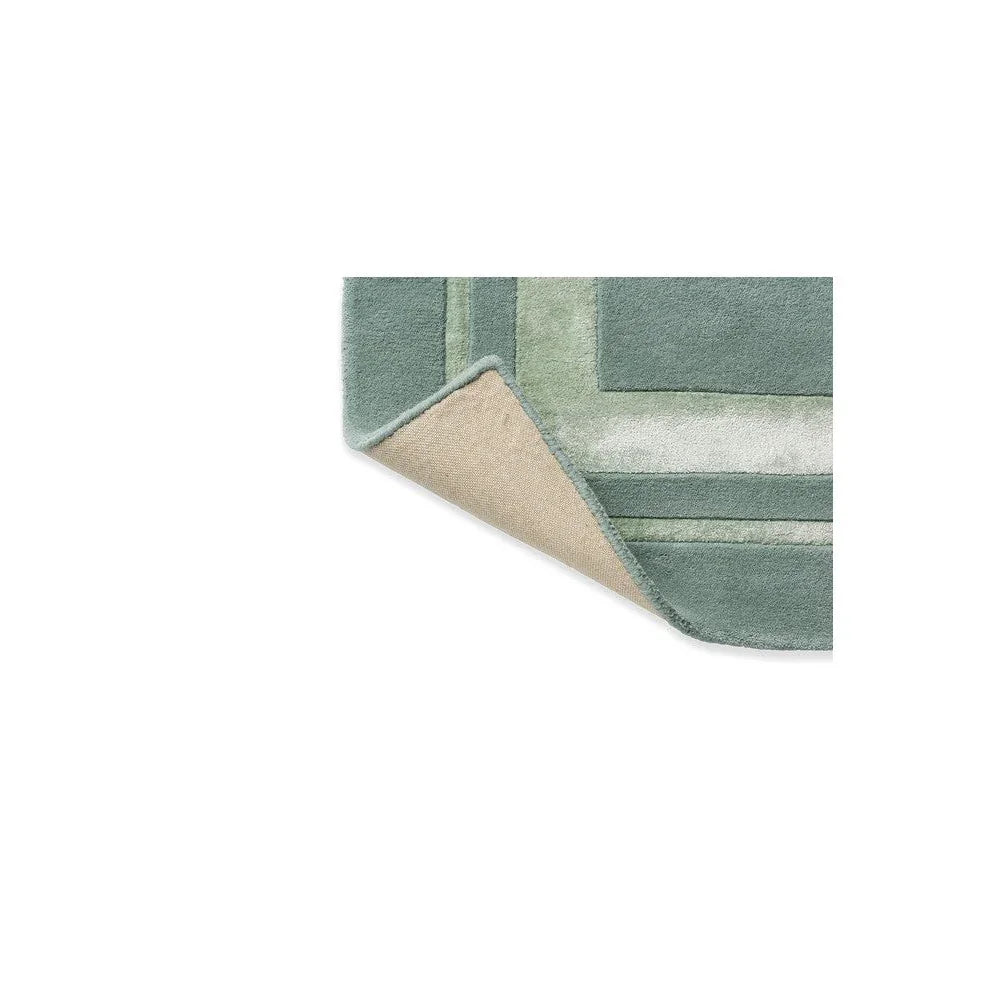 Laura Ashley Redbrook Duck Egg Designer Rug featuring muted striped pattern in duck egg, teal and cream on pale background, hand-tufted wool