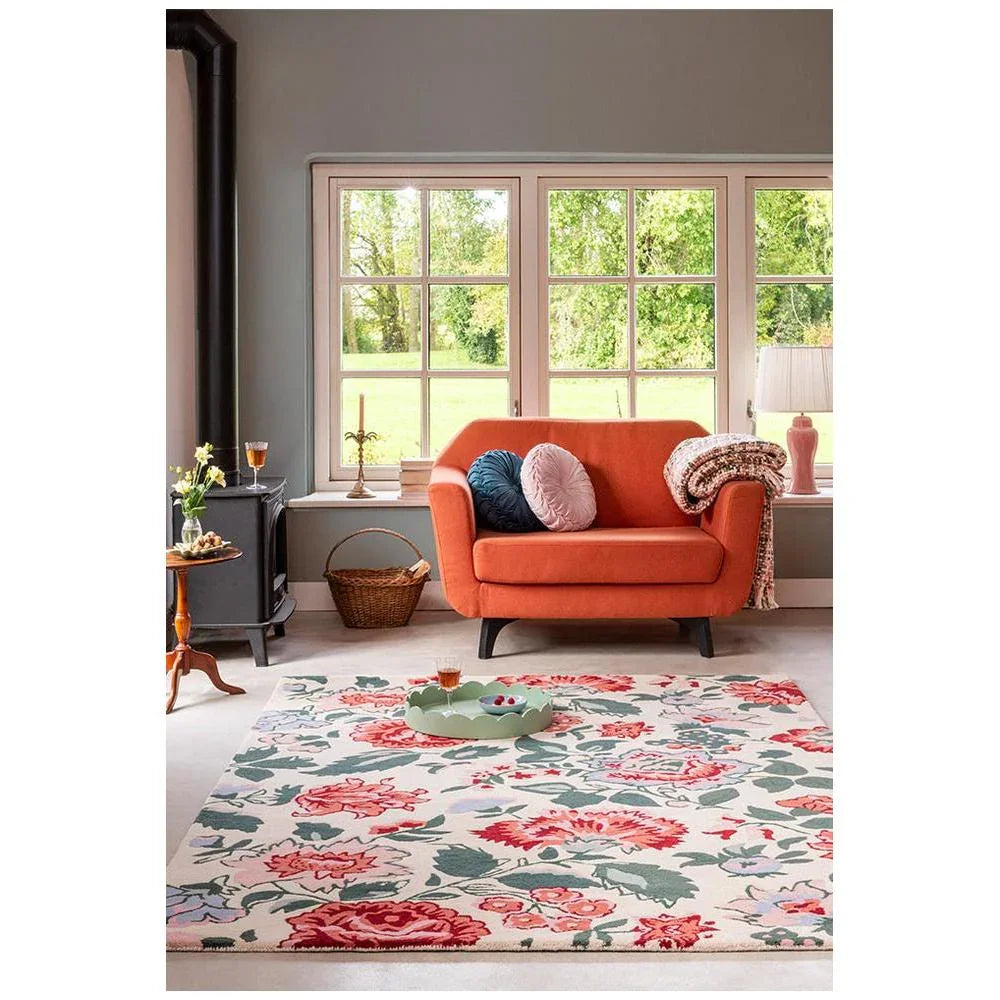 Laura Ashley Wendling Floral Poppy Red Designer Rug featuring pink, coral and sage flowers on ivory background, machine-made wool