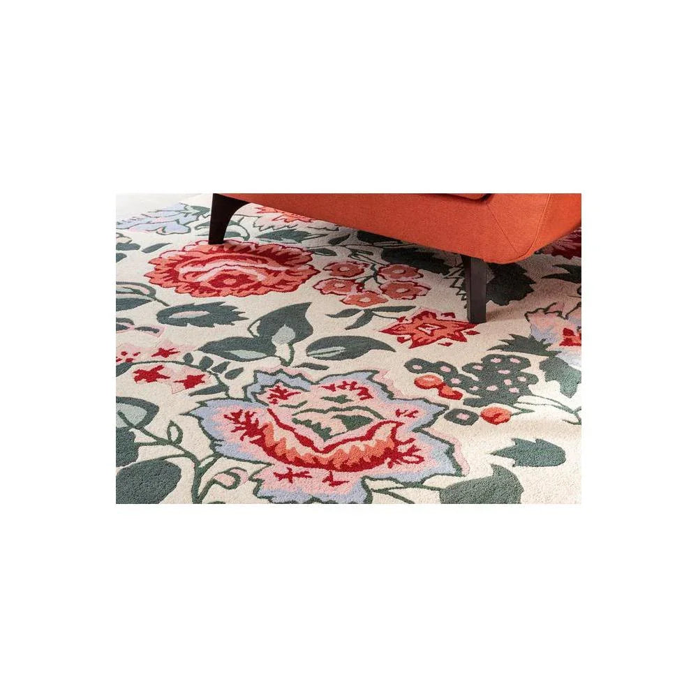 Laura Ashley Wendling Floral Poppy Red Designer Rug featuring floral pattern in red, pink, light blue, sage green on cream background, hand-tufted wool