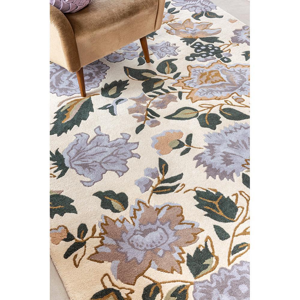 Laura Ashley Wendling Floral rug featuring botanical pattern in heather purple, lilac, sage green on cream background, machine-woven wool-blend