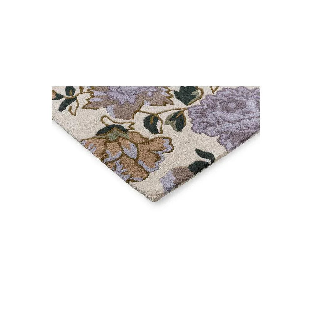 Laura Ashley Wendling Floral Heather Purple Designer Rug featuring lilac, lavender, taupe and sage on cream, hand-tufted wool