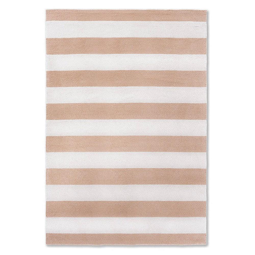 Laura Ashley Lille Pale Ochre Outdoor Rug featuring horizontal stripes in pale ochre and white on white background, machine-made