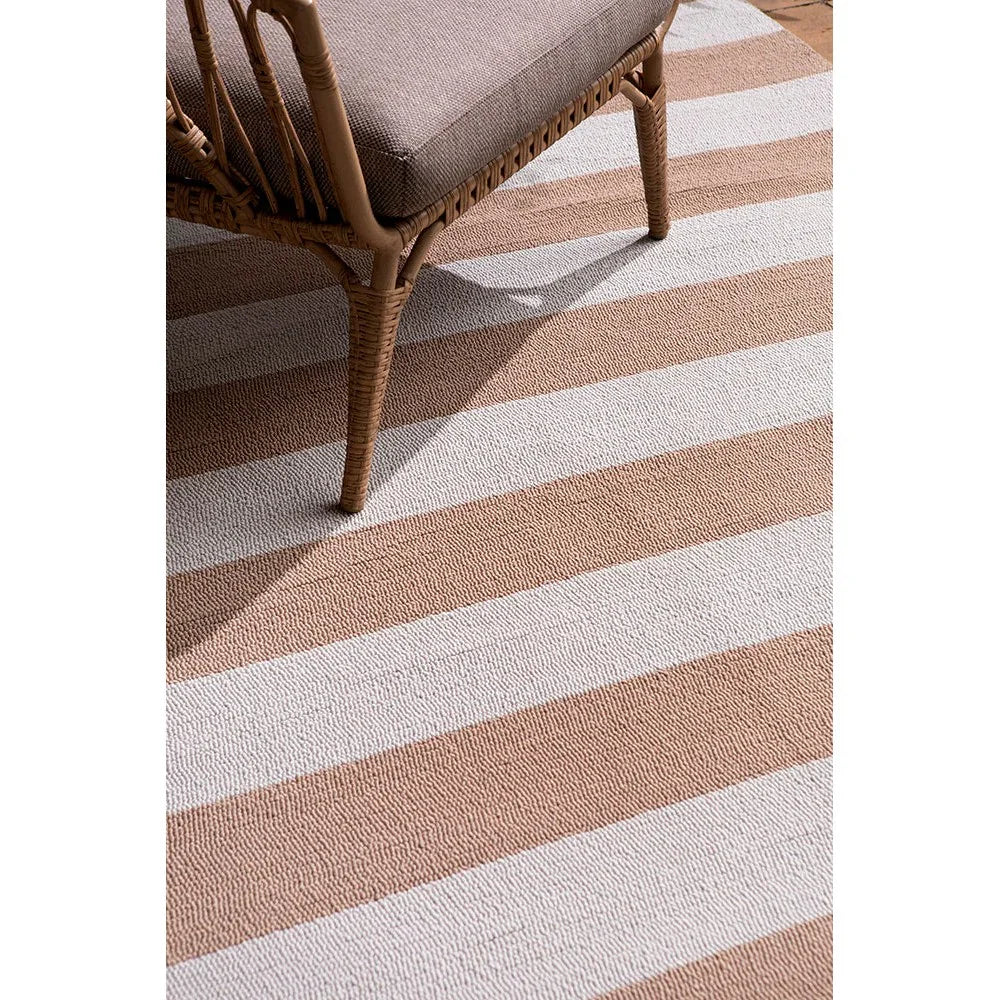 Laura Ashley Lille Pale Ochre Outdoor Rug featuring striped pattern in pale ochre and ivory on cream background, handwoven wool