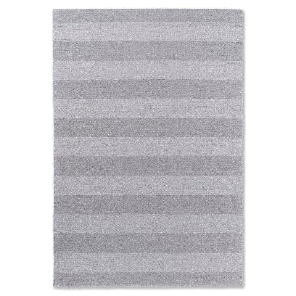 Laura Ashley Lille Dove Grey outdoor rug with horizontal stripes in dove grey and light grey on white, machine-woven polypropylene