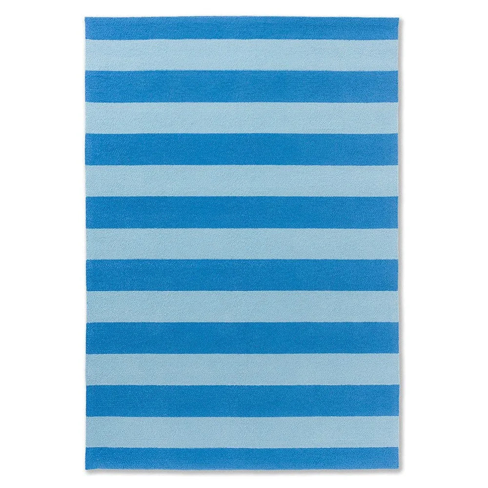 Laura Ashley Lille Sky Blue Outdoor Rug featuring bold horizontal blue stripes on white background, machine-woven polypropylene