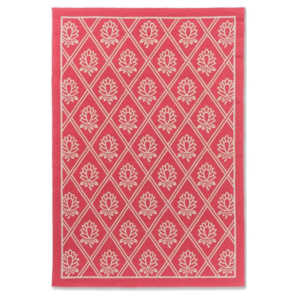 Laura Ashley Porchester Poppy Red Outdoor Rug featuring white floral lattice on red field with border, machine-made polypropylene