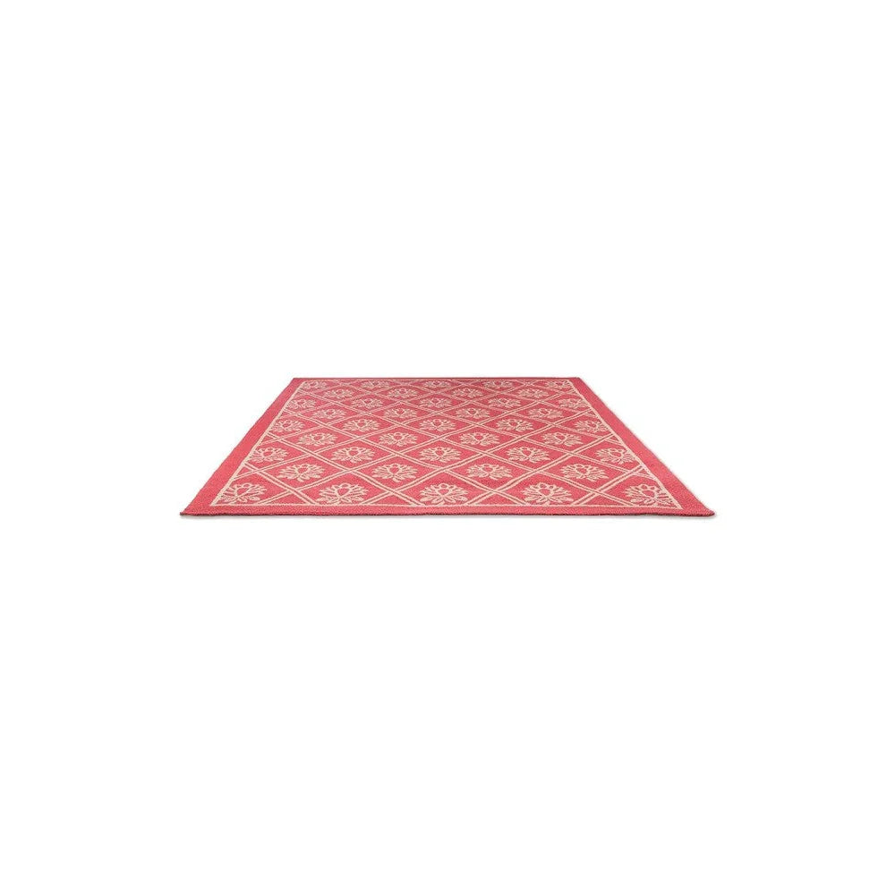 Laura Ashley Porchester Poppy Red Outdoor Rug featuring cream floral lattice on poppy red background, machine-made outdoor rug