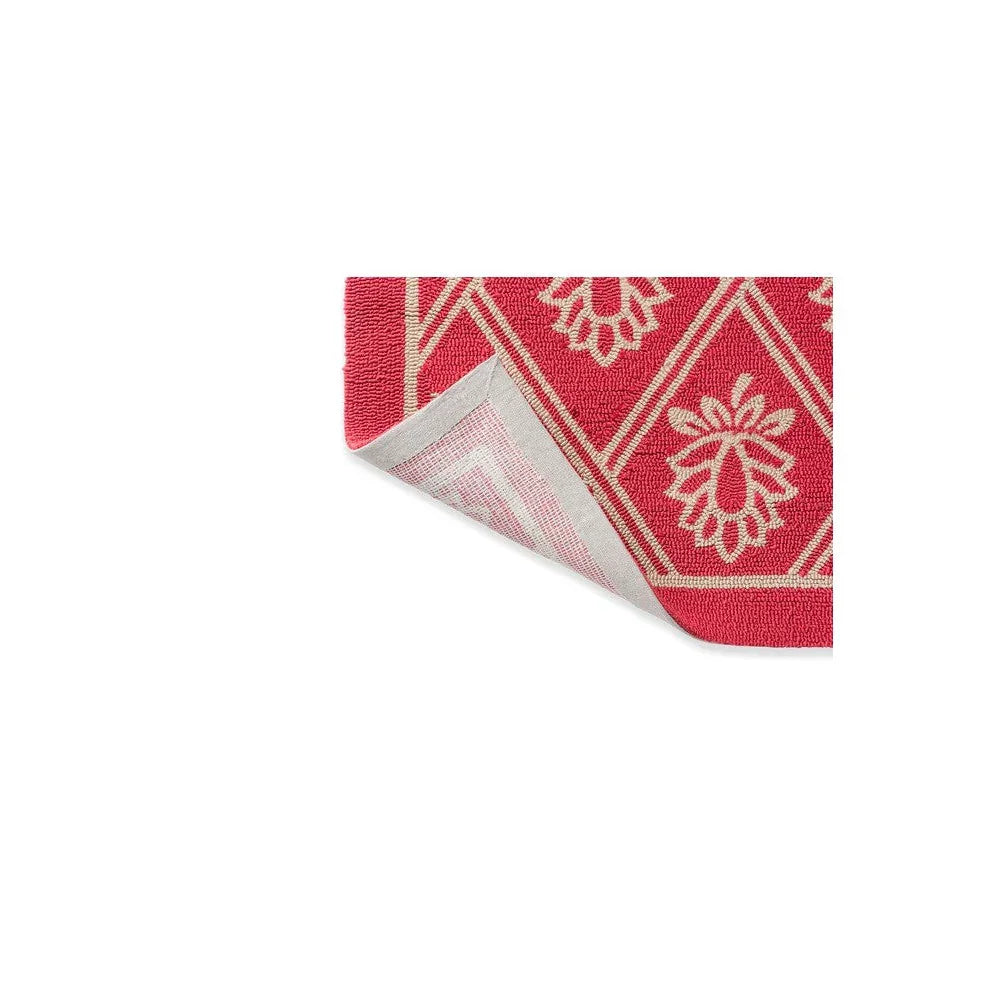 Laura Ashley Porchester Poppy Red Outdoor Rug featuring ivory floral lattice on red background, power-loomed polypropylene