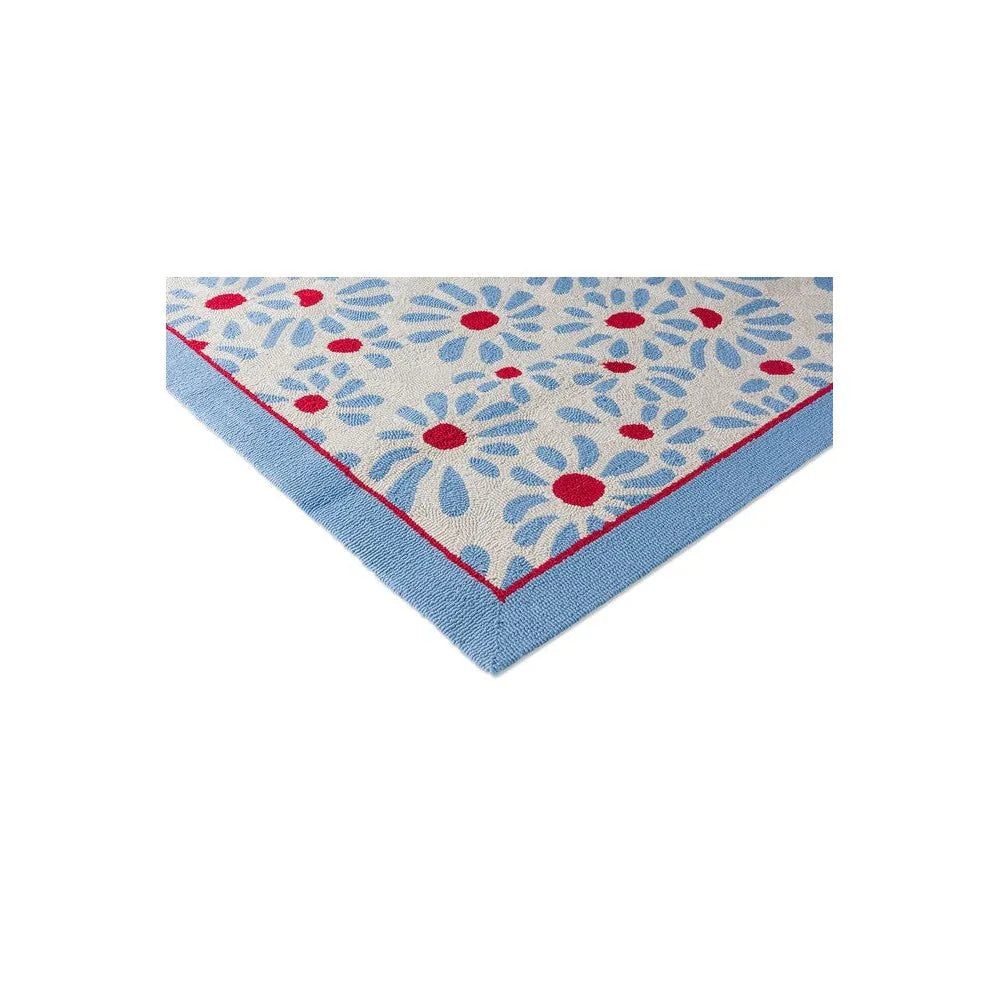 Laura Ashley Thorncliff Sky Blue Outdoor Rug featuring cream, sky-blue and red daisies on a light blue border, machine-woven polypropylene