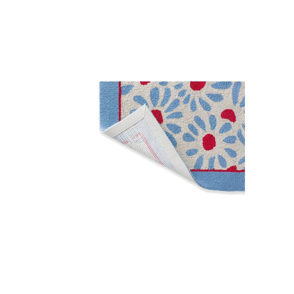 Laura Ashley Thorncliff Sky Blue Outdoor Rug featuring floral pattern in sky blue, cobalt blue and red on cream background, machine-woven