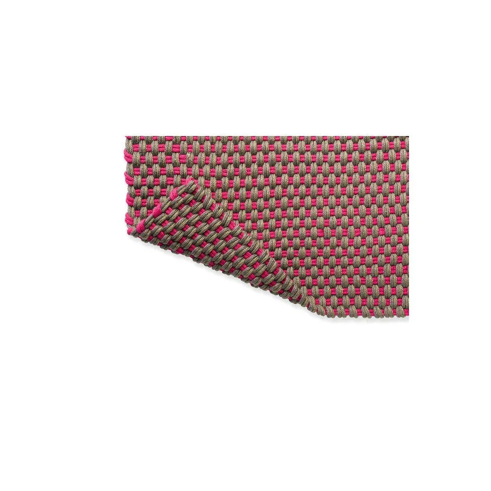 Brink & Campman Lace Tri-colour Thy Outdoor Designer Rug featuring checkerboard grid in pink magenta and grey on grey background, machine-woven polyester