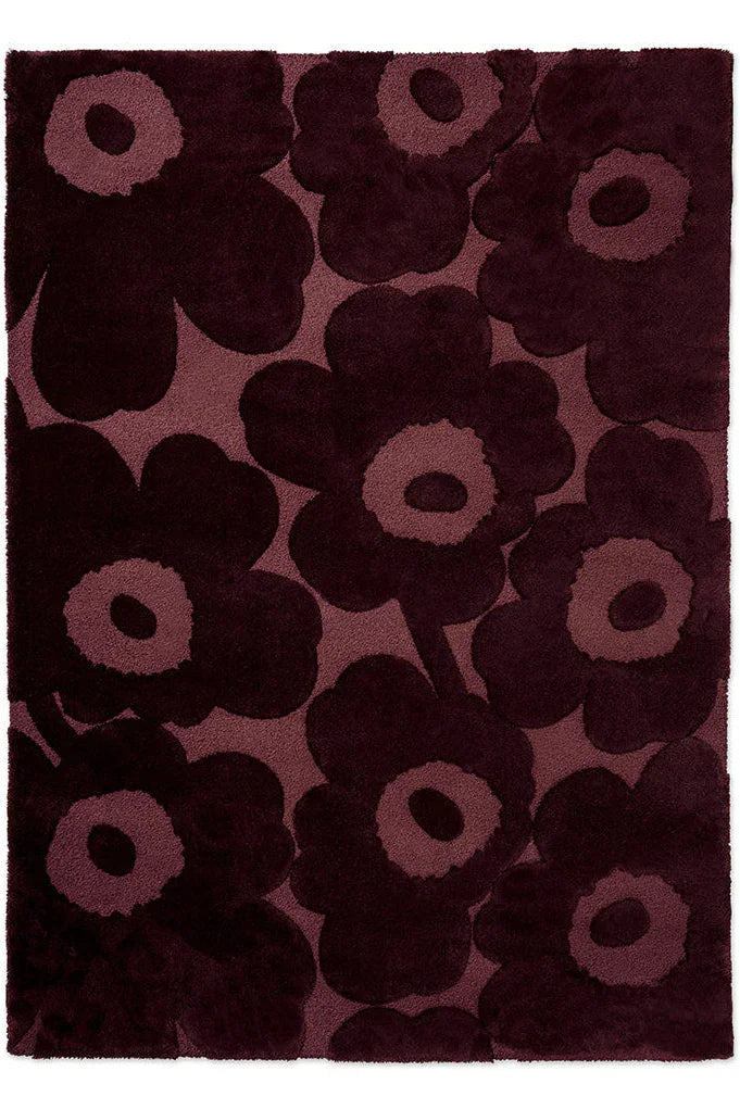 Marimekko Unikko Burgundy 132200 Rug floral pattern in burgundy, wine and mauve on burgundy, machine-made polypropylene