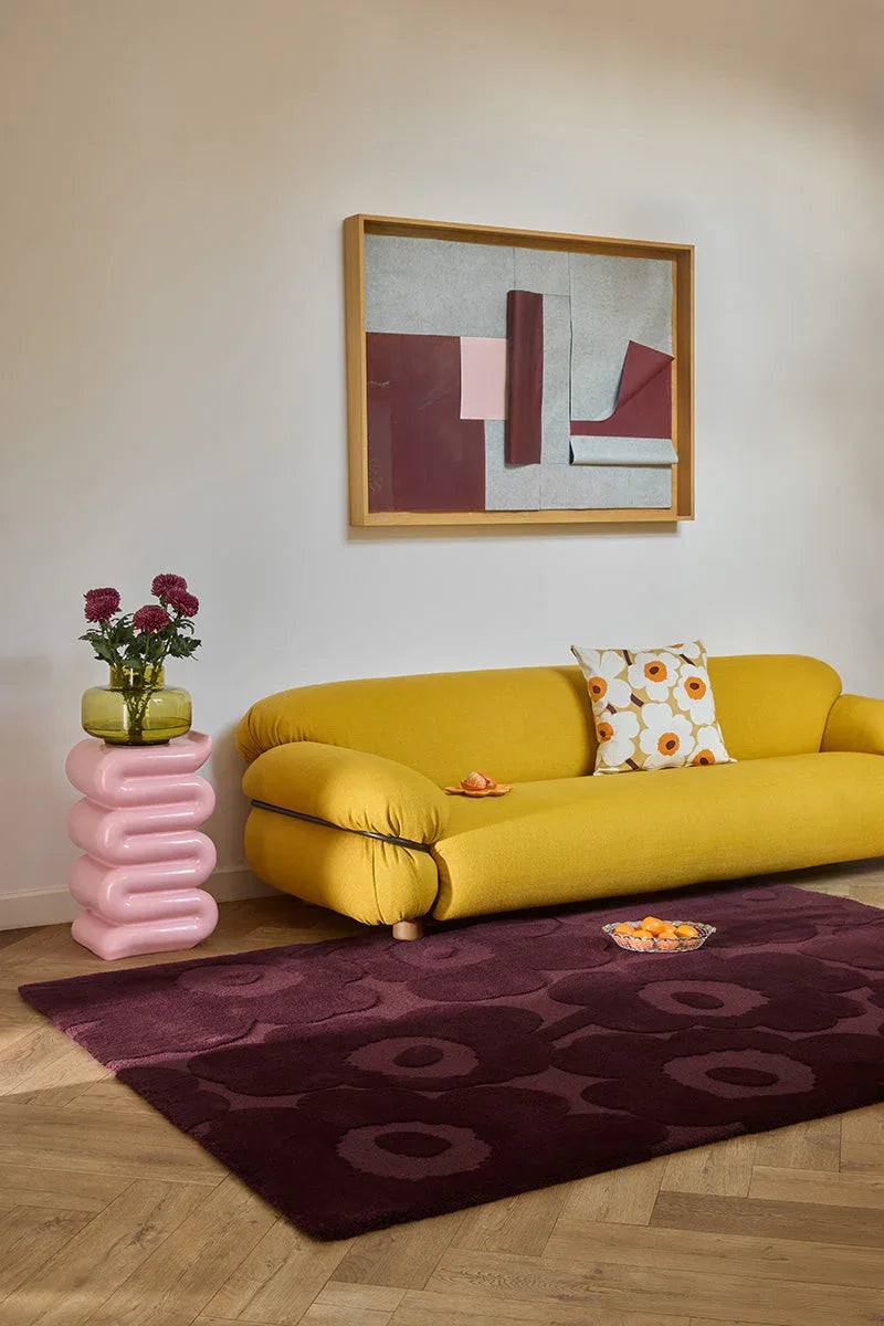Marimekko Unikko Burgundy Rug featuring abstract circular motif in burgundy, wine, plum and rose on deep burgundy background, machine-woven wool