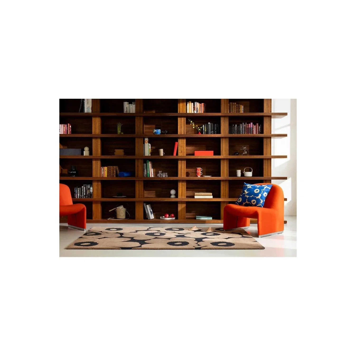 Marimekko Unikko Beige Rug featuring bold floral pattern in beige, black and cream on light background, hand-tufted wool