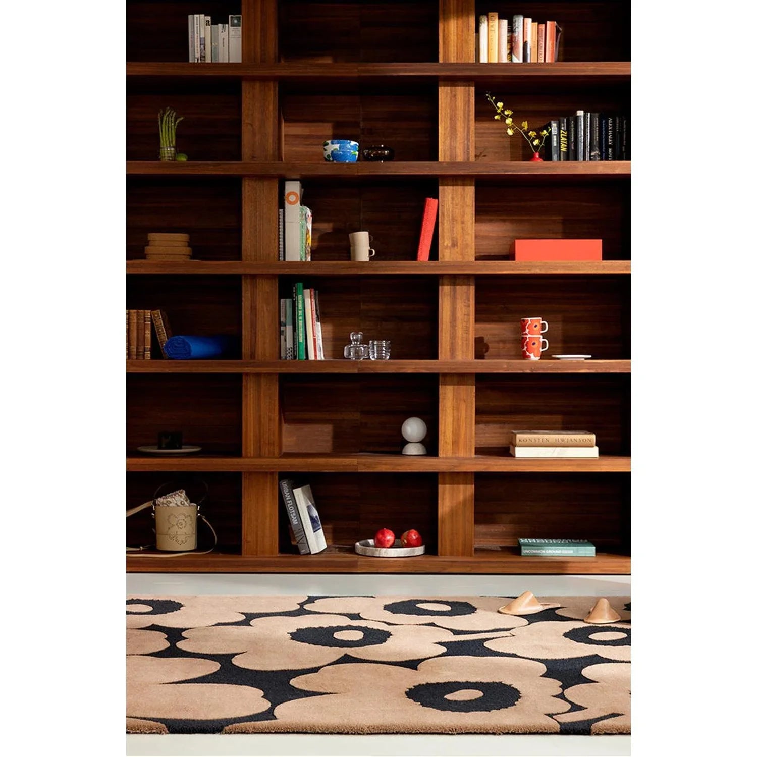 Marimekko Unikko Beige Rug featuring bold black poppy pattern in black on beige background, machine-woven polypropylene