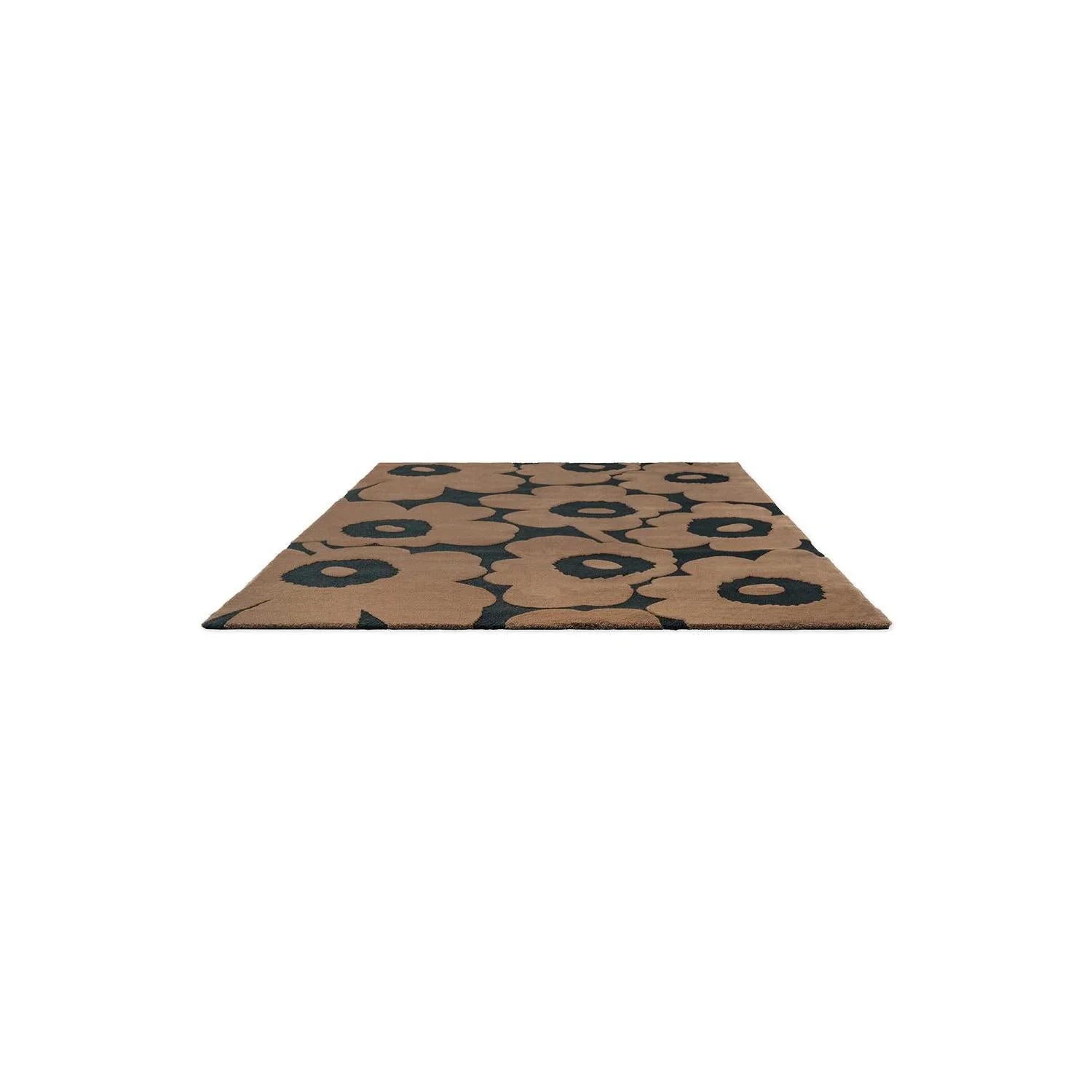 Marimekko Unikko Beige Designer Rug featuring floral poppy pattern in dark navy on beige background, hand-tufted wool