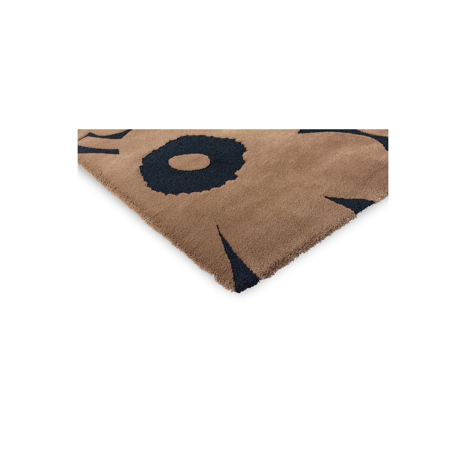 Marimekko Unikko Beige Designer Rug featuring floral poppy pattern in beige, tan and navy on cream background, hand-tufted wool