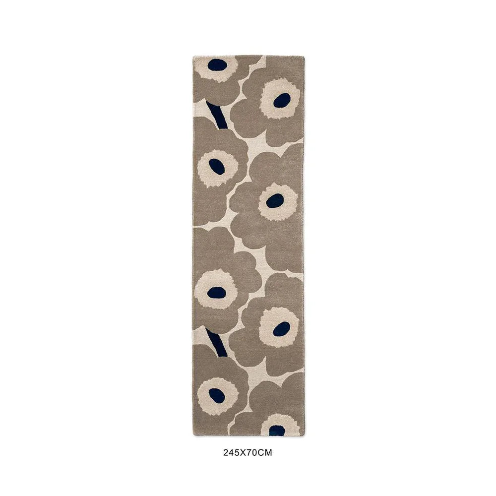 Marimekko Unikko Greige Runner Rug featuring floral pattern in navy, cream and beige on greige, machine-woven polyester