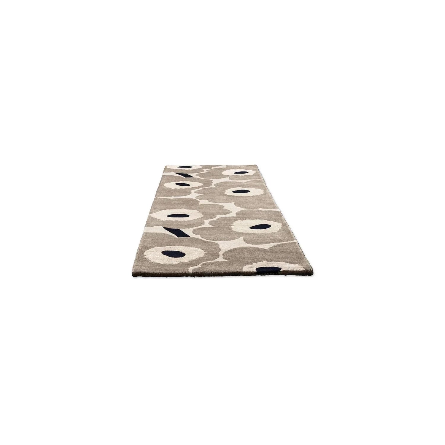 Marimekko Unikko Greige Runner Rug floral Unikko pattern in white, navy on greige background, hand-tufted wool