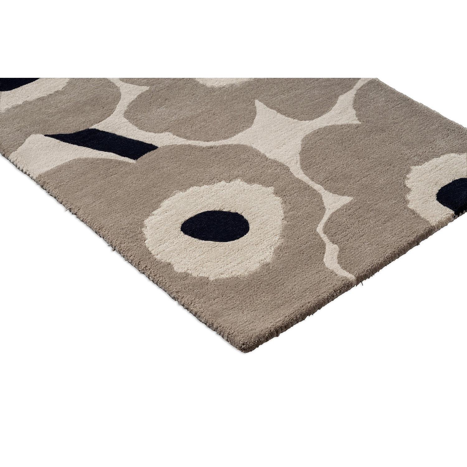 Marimekko Unikko Greige Runner Rug featuring floral pattern in greige, taupe, ivory and navy on beige rug, tufted wool