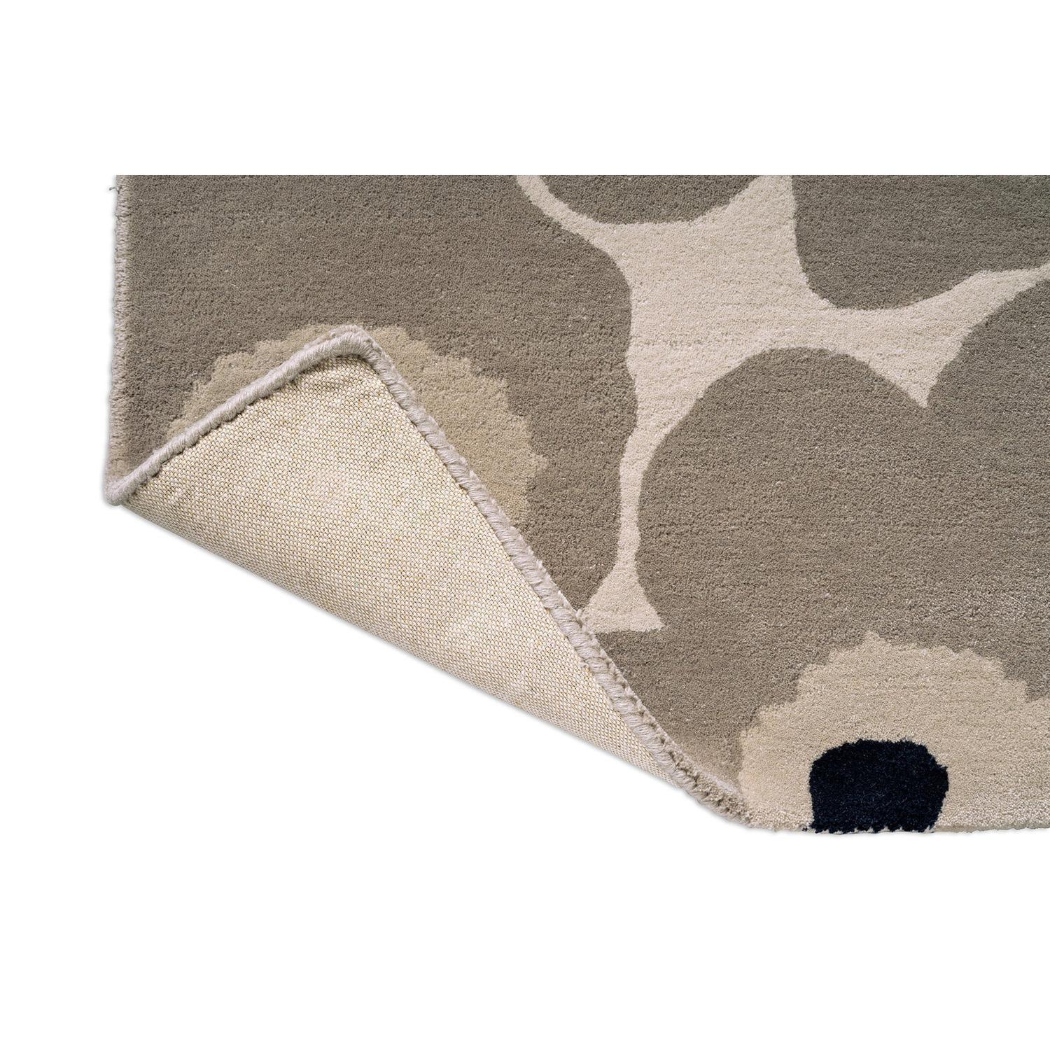 Marimekko Unikko Greige Runner Rug featuring floral pattern in greige, taupe, cream and navy on beige machine-woven wool