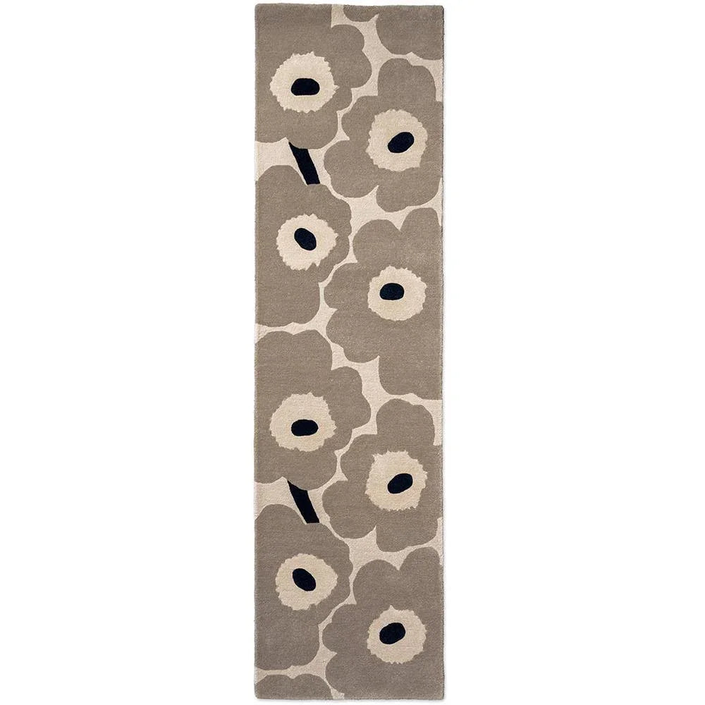 Marimekko Unikko Greige Runner Rug featuring floral pattern in beige and navy on greige background machine-woven wool